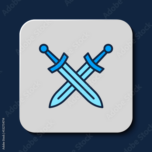 Filled outline Crossed medieval sword icon isolated on blue background. Medieval weapon. Vector