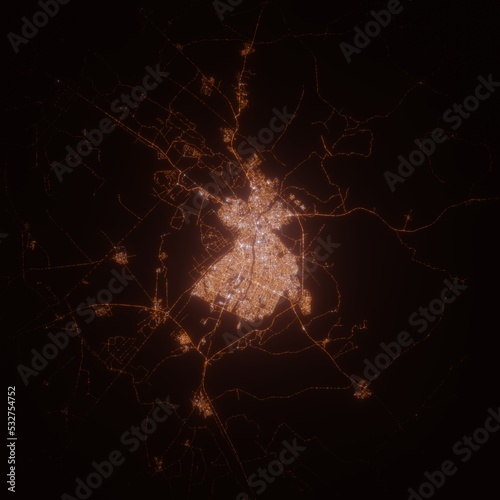 Kirkuk (Iraq) street lights map. Satellite view on modern city at night. Imitation of aerial view on roads network. 3d render