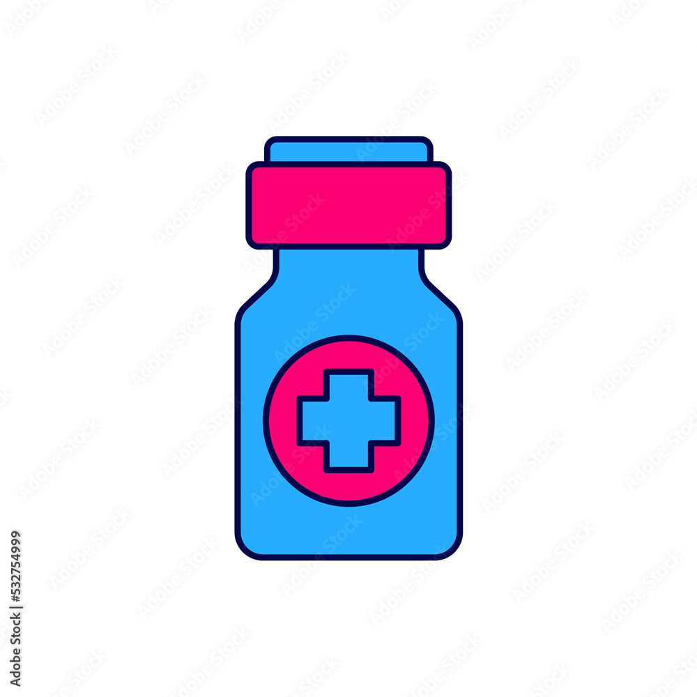 Filled outline Medicine bottle and pills icon isolated on white background. Bottle pill sign. Pharmacy design. Vector Filled outline Medicine bottle and pills icon isolated on white background. Bottle pill sign. Pharmacy design. Vector