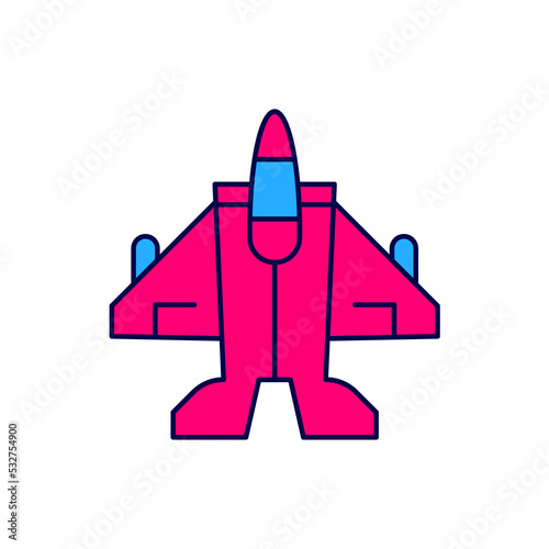 Filled outline Jet fighter icon isolated on white background. Military aircraft. Vector