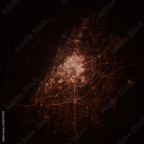 Multan (Pakistan) street lights map. Satellite view on modern city at night. Imitation of aerial view on roads network. 3d render