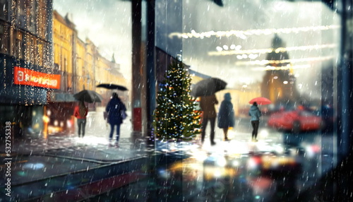 Christmas city ,snow fall  town festive illumination,,pedestrian walk with umbrellas  evening blurred light rain drops on window glass view from window frame 
