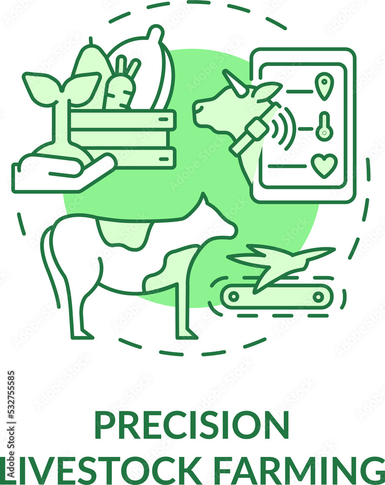 Precision livestock farming green concept icon. Improving animal wellbeing abstract idea thin line illustration. Isolated outline drawing