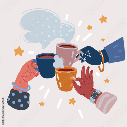 Vector illustration two friends drinking coffee. Tea Coffee Break, Cup Mug, Top view of table in cafe. Woman friendship in autumn. Friendly support in difficult times, woman conversation coffee house