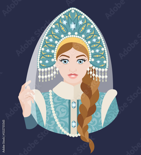 Snow Maiden. The avatar of a young girl in a Slavic costume and a kokoshnik holds a veil in her hand. historical costumes. Flat illustration.