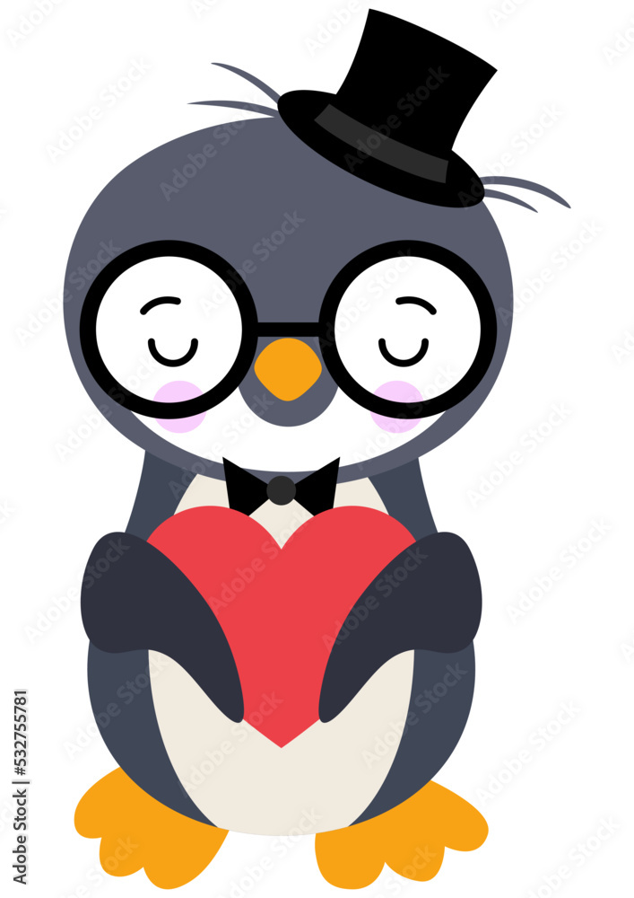Cute penguin with black hat holding a red heart