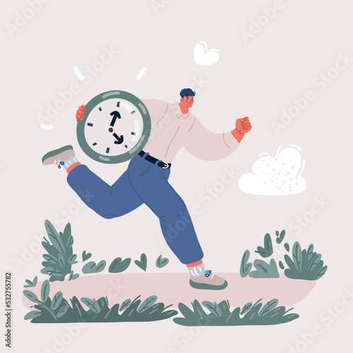 Vector woman running with the big clock in her hands. Concept lack of time. Very busy run.