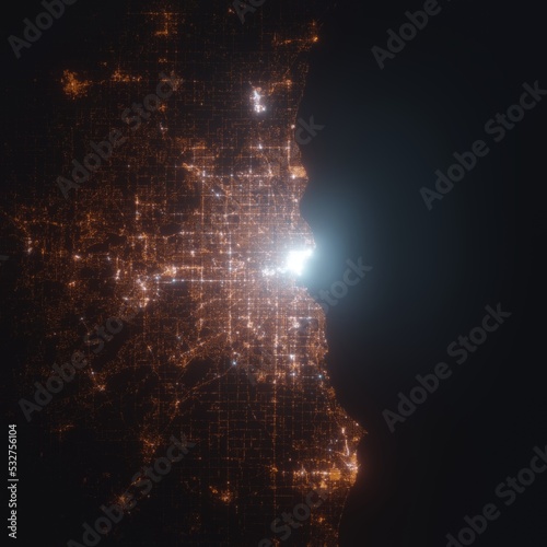 Milwaukee (Wisconsin, USA) street lights map. Satellite view on modern city at night. Imitation of aerial view on roads network. 3d render