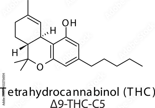 Δ9-Tetrahydrocannabinol molecular structure on white background. Pharmaceutical natural compound skeletal formula.