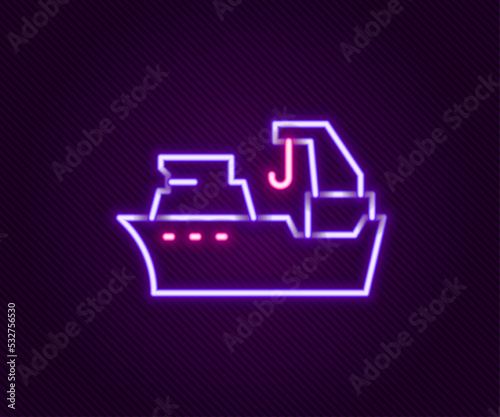 Glowing neon line Fishing boat icon isolated on black background. Fishing trawler. Colorful outline concept. Vector