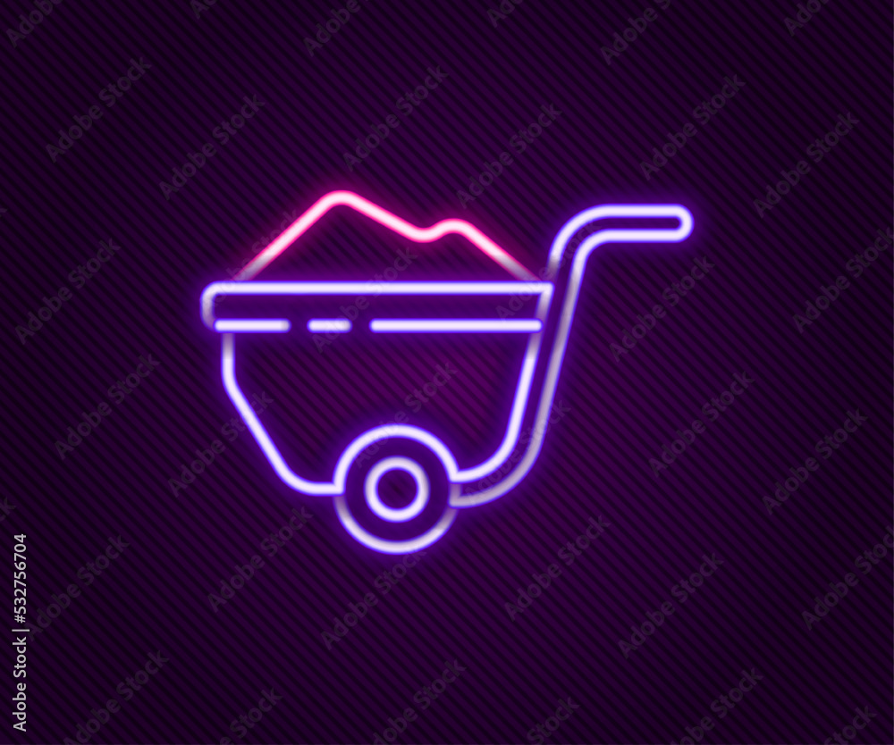 Glowing neon line Wheelbarrow with dirt icon isolated on black background. Tool equipment. Agriculture cart wheel farm. Colorful outline concept. Vector Glowing neon line Wheelbarrow with dirt icon isolated on black background. Tool equipment. Agriculture cart wheel farm. Colorful outline concept. Vector