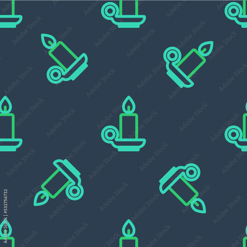 Line Burning candle in candlestick icon isolated seamless pattern on blue background. Cylindrical candle stick with burning flame. Vector Line Burning candle in candlestick icon isolated seamless pattern on blue background. Cylindrical candle stick with burning flame. Vector
