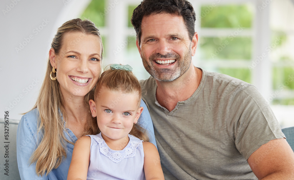 Happy portrait, family love and girl relax with mother and father on the living room sofa of house, smile for happiness in home and together in lounge. Face of parents with care for child on couch Happy portrait, family love and girl relax with mother and father on the living room sofa of house, smile for happiness in home and together in lounge. Face of parents with care for child on couch