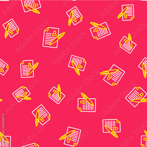 Line Resume icon isolated seamless pattern on red background. CV application. Searching professional staff. Analyzing personnel resume. Vector