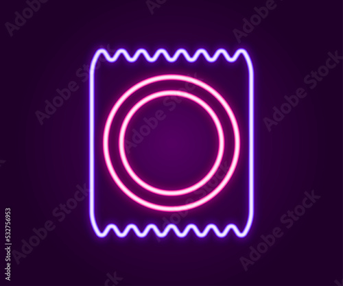 Glowing neon line Condom in package icon isolated on black background. Safe love symbol. Contraceptive method for male. Colorful outline concept. Vector