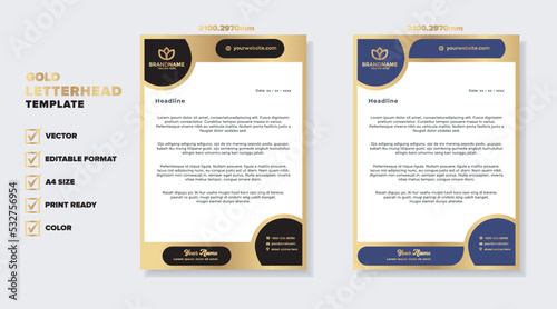golden letterhead template for business company stationery design with A4 sheet vector format and editable layout in luxury color