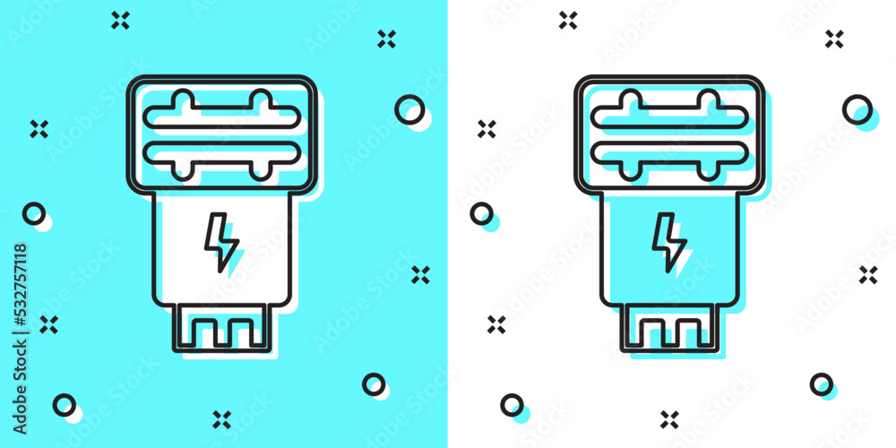 Black line Photo camera flash icon isolated on green and white background. Random dynamic shapes. Vector