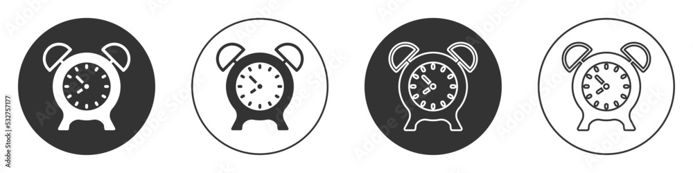 Black Alarm clock icon isolated on white background. Wake up, get up concept. Time sign. Circle button. Vector