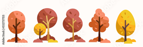 Autumn Fall Season tree plant decorative illustration flat style shade collection set.