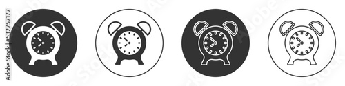 Black Alarm clock icon isolated on white background. Wake up, get up concept. Time sign. Circle button. Vector