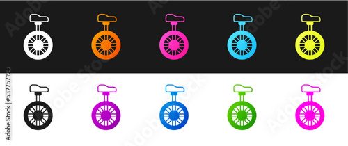 Set Unicycle or one wheel bicycle icon isolated on black and white background. Monowheel bicycle. Vector