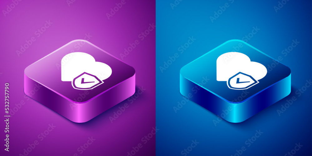 Isometric Life insurance with shield icon isolated on blue and purple background. Security, safety, protection, protect concept. Square button. Vector Isometric Life insurance with shield icon isolated on blue and purple background. Security, safety, protection, protect concept. Square button. Vector