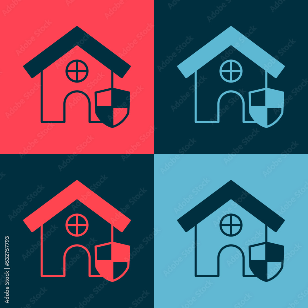 Pop art House with shield icon isolated on color background. Insurance concept. Security, safety, protection, protect concept. Vector Pop art House with shield icon isolated on color background. Insurance concept. Security, safety, protection, protect concept. Vector