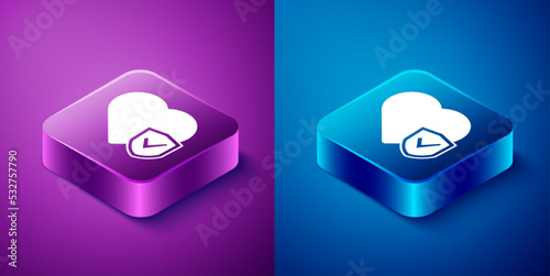 Isometric Life insurance with shield icon isolated on blue and purple background. Security, safety, protection, protect concept. Square button. Vector