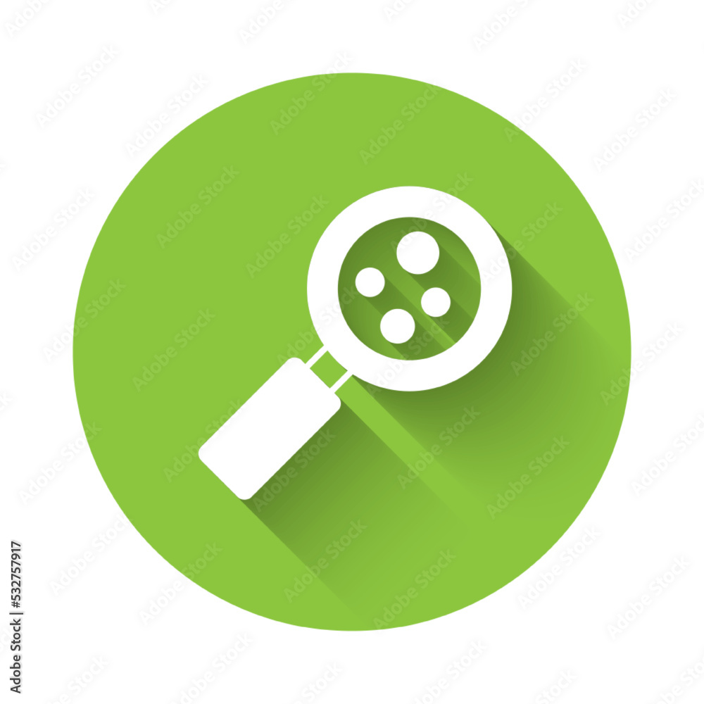 White Microorganisms under magnifier icon isolated with long shadow background. Bacteria and germs, cell cancer, microbe, virus, fungi. Green circle button. Vector White Microorganisms under magnifier icon isolated with long shadow background. Bacteria and germs, cell cancer, microbe, virus, fungi. Green circle button. Vector