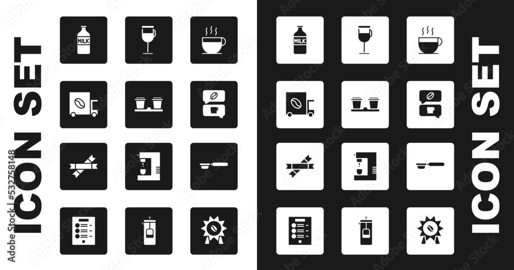 Set Coffee cup, to go, street truck machine, Bottle with milk, and conversation, Irish coffee, filter holder and Sugar stick packets icon. Vector Set Coffee cup, to go, street truck machine, Bottle with milk, and conversation, Irish coffee, filter holder and Sugar stick packets icon. Vector