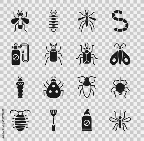 Set Mosquito, Spider, Butterfly, Beetle bug, Pressure sprayer, Insect and icon. Vector