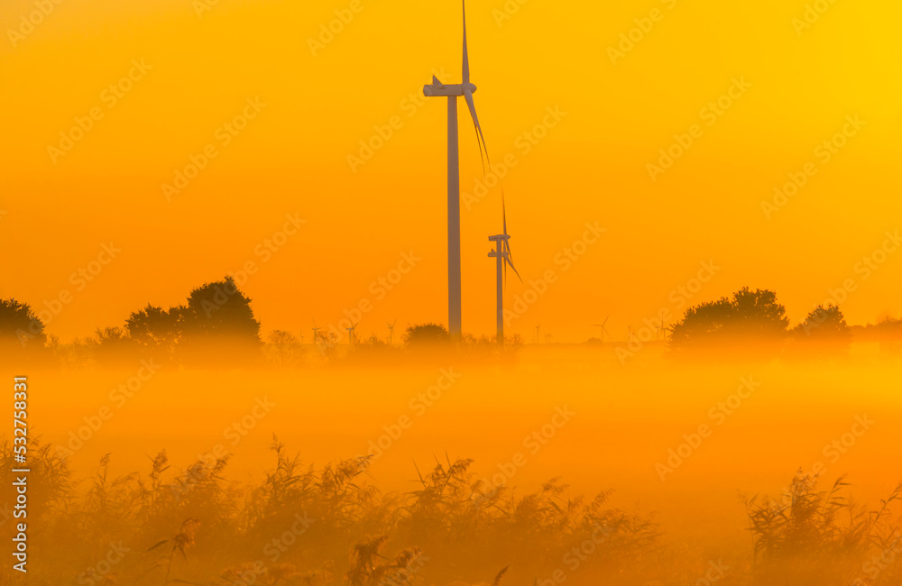 Wind turbines in a foggy agricultural field in sunlight at sunrise in autumn, Almere, Flevoland, Netherlands, September, 2022