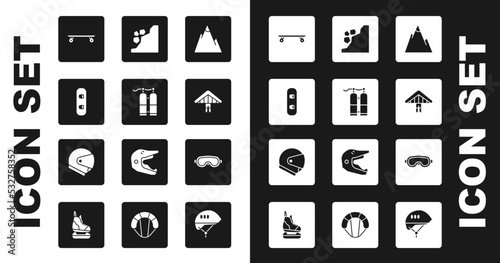Set Mountains, Aqualung, Snowboard, Longboard or skateboard, Hang glider, Landslide, Ski goggles and Helmet icon. Vector