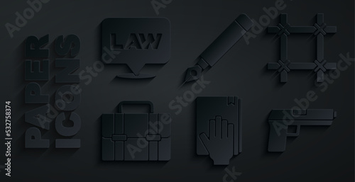 Set Oath on the Holy Bible, Prison window, Briefcase, Pistol or gun, Fountain pen nib and Location law icon. Vector