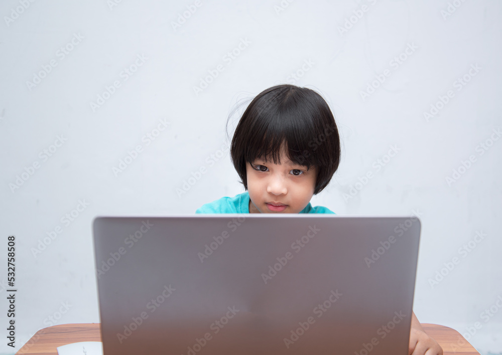 Cute smart Asian boy is happily using his laptop to study online by himself at home. Online learning concept.Self-Study. Cute smart Asian boy is happily using his laptop to study online by himself at home. Online learning concept.Self-Study.