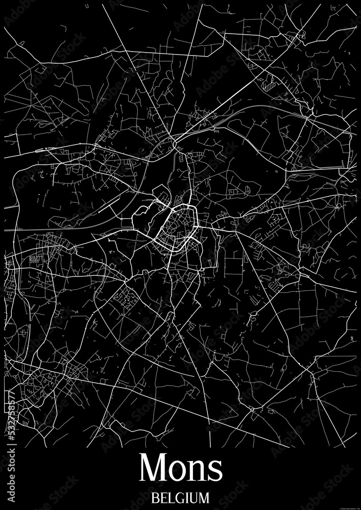 Black and White city map poster of Mons Belgium.