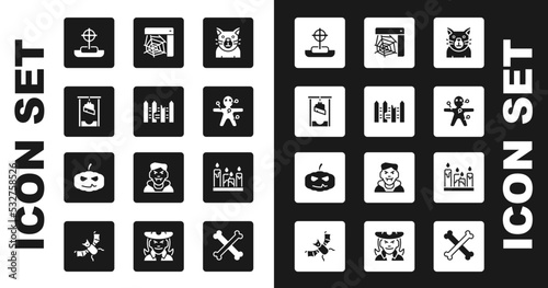 Set Cat, Garden fence wooden, Guillotine, Tombstone with cross, Voodoo doll, Spider web, Burning candle and Pumpkin icon. Vector
