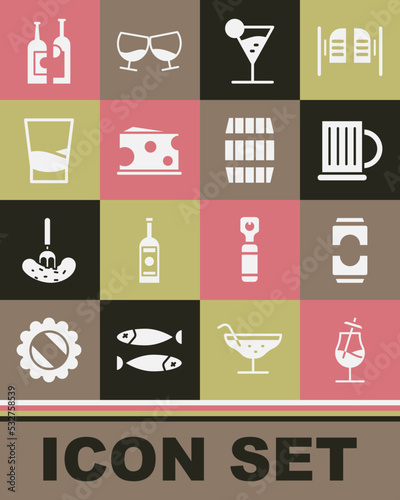 Set Cocktail, Beer can, Wooden beer mug, Martini glass, Cheese, Glass of vodka, Bottles wine and barrel icon. Vector