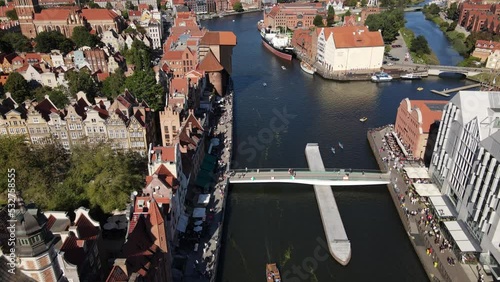 View from the drone on the old town of Gdansk on the Moltawa River.