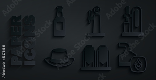 Set Beer brewing process, tap with glass, Oktoberfest hat, and bottle icon. Vector
