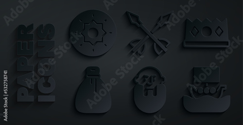 Set Viking head, King crown, Old money bag, ship Drakkar, Medieval arrows and Shield viking icon. Vector
