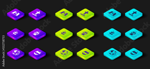 Set Christian cross with globe, Easter egg, Willow leaf, Church pastor preaching, Grave and Pope hat icon. Vector