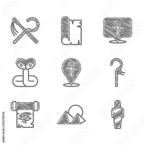 Set Cross ankh, Egypt pyramids, mummy, Crook, Eye of Horus on papyrus scroll, Snake, and and flail icon. Vector