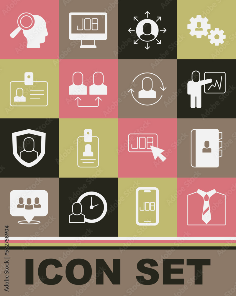 Set Tie, Resume, Leader of a team of executives, Multitasking manager working, Exchange, Identification badge, Magnifying glass for search job and icon. Vector Set Tie, Resume, Leader of a team of executives, Multitasking manager working, Exchange, Identification badge, Magnifying glass for search job and icon. Vector