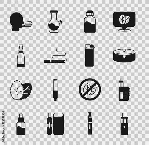Set Vape mod device, Ashtray, liquid bottle, Cigarette, Man smoking cigarette and Lighter icon. Vector