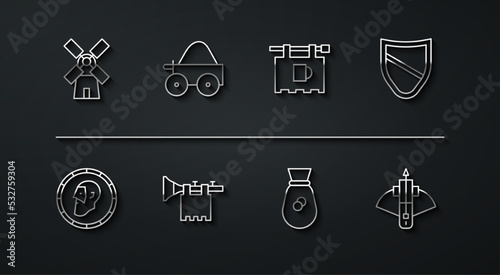 Set line Windmill, Ancient coin, Shield, Old money bag, Trumpet with flag, Wooden four-wheel cart, Battle crossbow arrow and Street signboard Bar icon. Vector