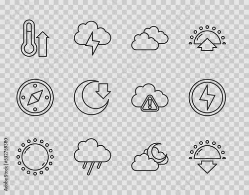 Set line Sun, Sunset, Cloud, with rain, Meteorology thermometer, Moon, moon and Lightning bolt icon. Vector