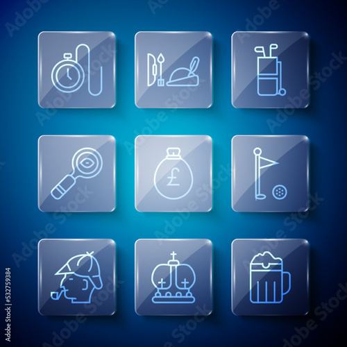 Set line Sherlock Holmes, British crown, Wooden beer mug, Golf bag with clubs, Money pound, Magnifying glass, Watch chain and flag icon. Vector
