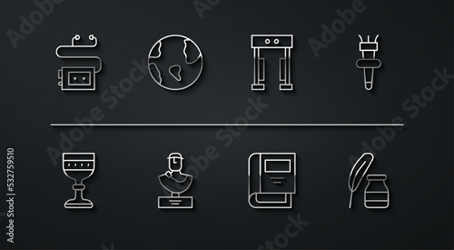 Set line Museum audio guide, Medieval goblet, Torch flame, History book, Ancient bust sculpture, Earth globe, Feather and inkwell and Metal detector icon. Vector
