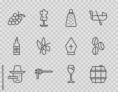 Set line Pinocchio, Barrel for wine, Grater, Pasta spaghetti, Grape fruit, Olives branch, Wine glass and Coffee beans icon. Vector
